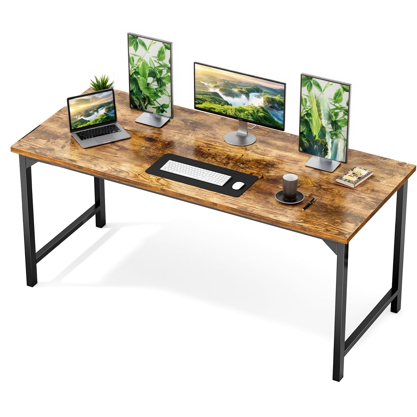 Sweetcrispy Small Computer Desk, 63" Office Writing Desk with Metal Frame & Wooden Top, X-Shaped Reinforcement, Student Study Workstation for Home Bedroom, Brown