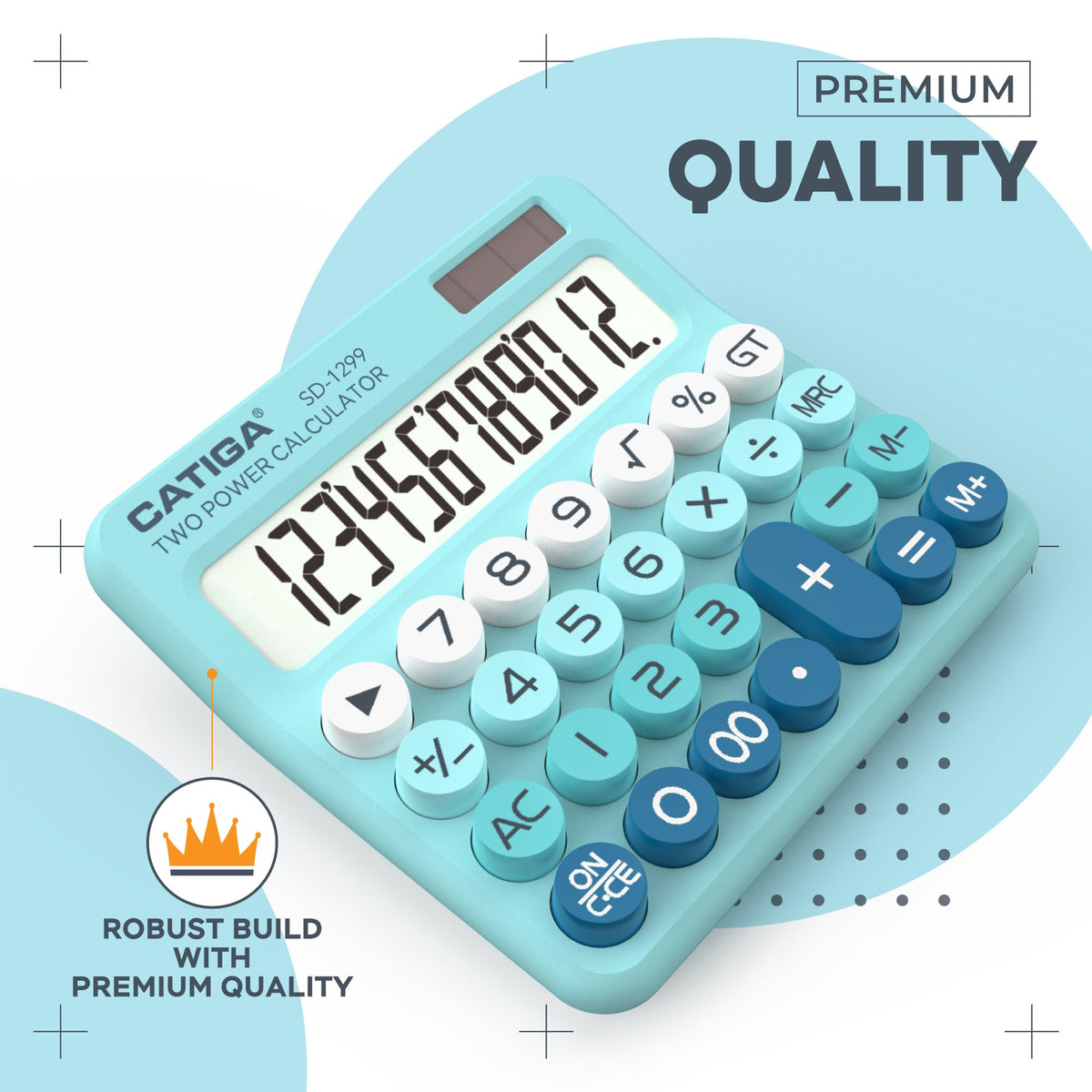 CATIGA Mechanical Switch Calculator with Solar and Battery Dual Power, 12-Digit Large LCD Display, Aesthetic and Cute Desktop Calculator with Big Button, for Home, School and Office Use, SD-1299