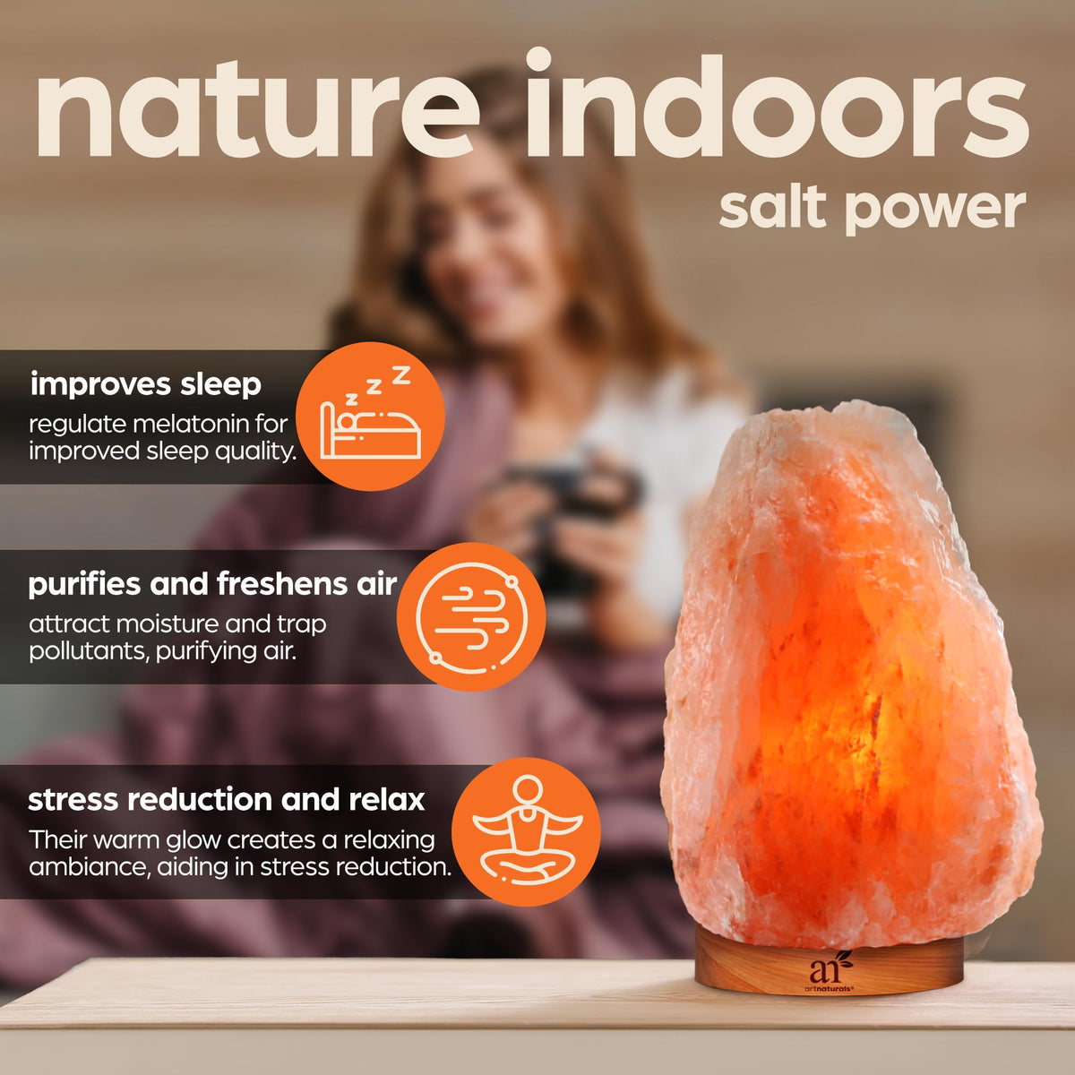 Artnaturals Himalayan Rock Salt Lamp - Natural Glow Night Light -Hand Carved Pink Crystal from Pure Salt - for Rest, Relaxation and Energy - Real Wooden Base (Pink)
