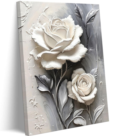 Elegant White Rose Canvas Wall art Modern Abstract Floral Wall Decor Picture White Blooming Flowers Poster Print Painting for Office Living Room Bedroom Bathroom Home Decorate Prepare To Hang