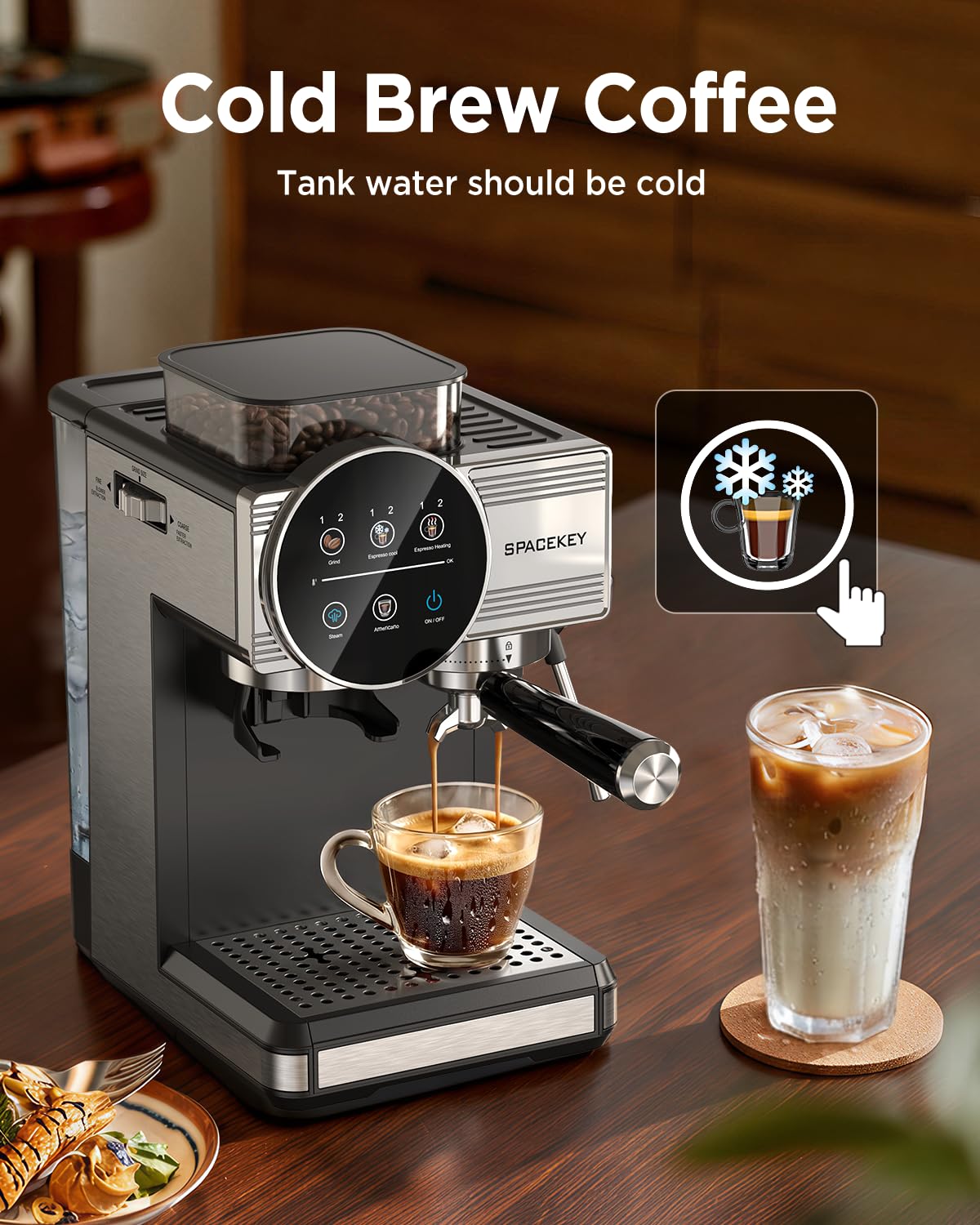 Spacekey Espresso Machine with Grinder - 20 Bar All-in-One Coffee Maker with Milk Steam Wand/Frother, Cold Brew, 30 Grind Settings, 60oz Removable Tank - Home Barista Kit for Lattes, Cappuccinos