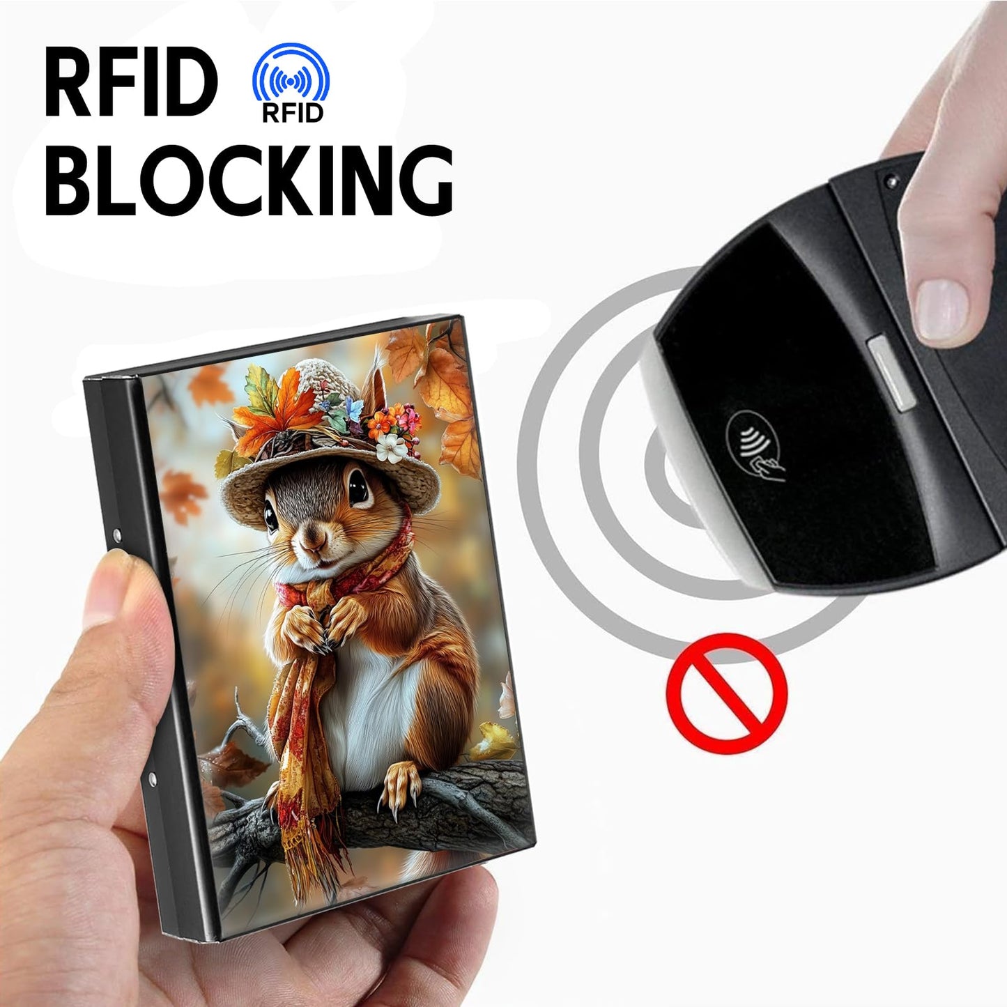 VACGBJPG Metal Credit Card Wallet, RFID Blocking Credit Card Holder with 6 Slot, Mini Slim Hard Card Case, Small ID Case for Women Men, Business Card Holders (Cute Squirrel Wearing a Hat)