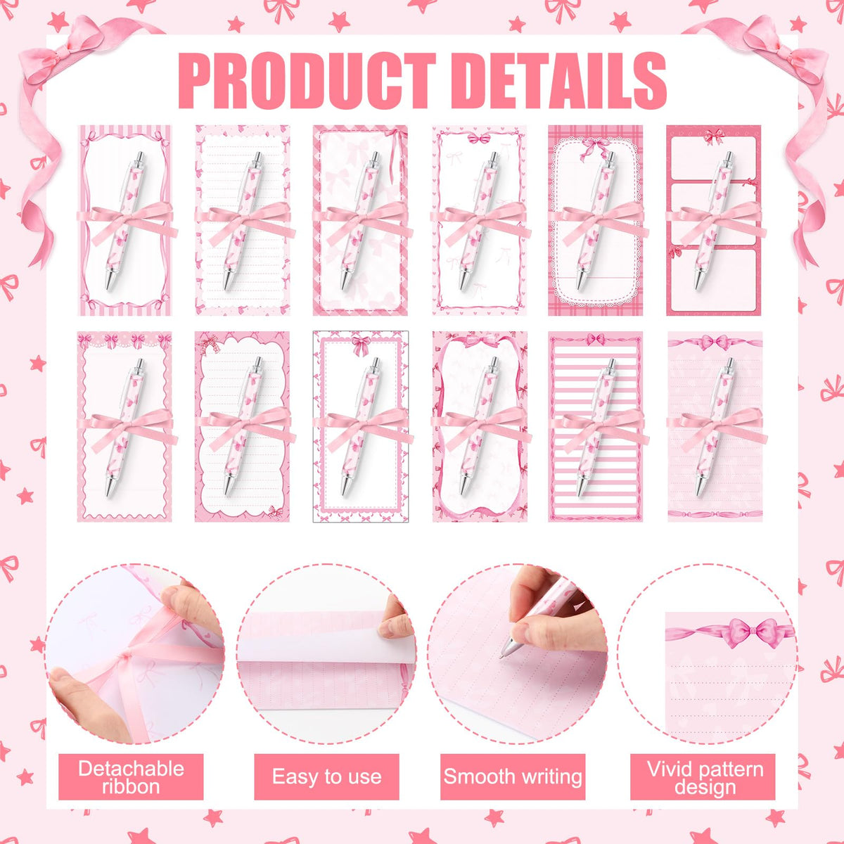 Tellingyou 30 Pcs Pink Bow Sticky Notes with Pens, Cute Memo Pads with Ribbons, 3.9x7.8 Inch to Do List Notepad Set, Bulk Pink Stationery Gifts for Women Coworker Office Supplies Bridal Shower Favors
