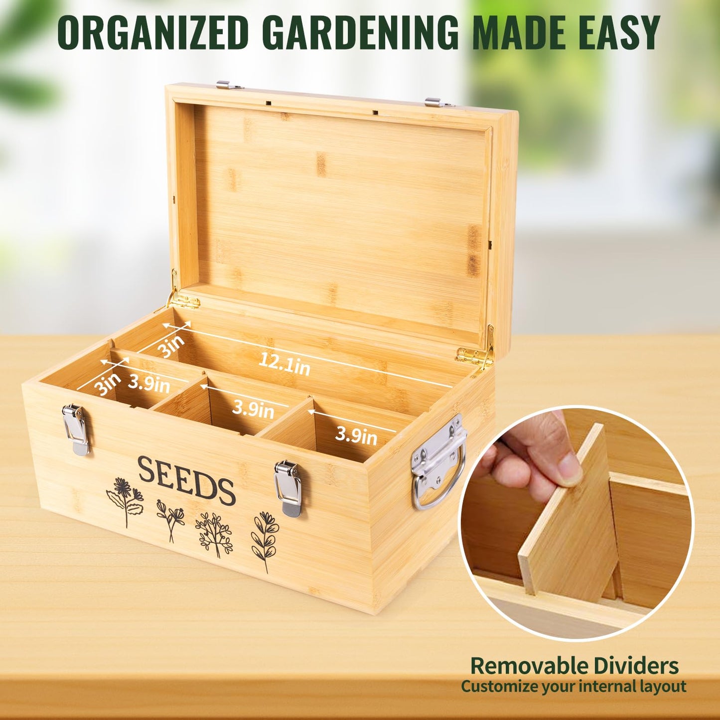 Intarsio Large Bamboo Wood Seed Storage Organizer Box with Lid,Double-Layer Seal Design Seed Saving Box with 304 Stainless Steel Safety Lock,Handles,Extra Seed Envelopes and Labels (Wood)