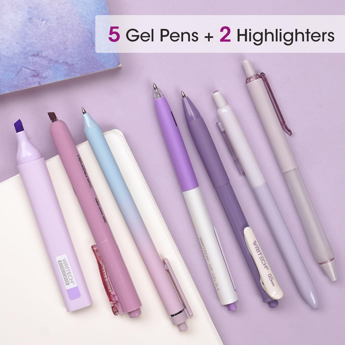 WRITECH Gel Pens Journaling Highlighters: Journal Set Aesthetic Assorted Pastel Color Ink 0.5mm Fine Point Retractable 0.7mm Black Pen Smooth Writing Drawing No Bleed 7ct (Purple)