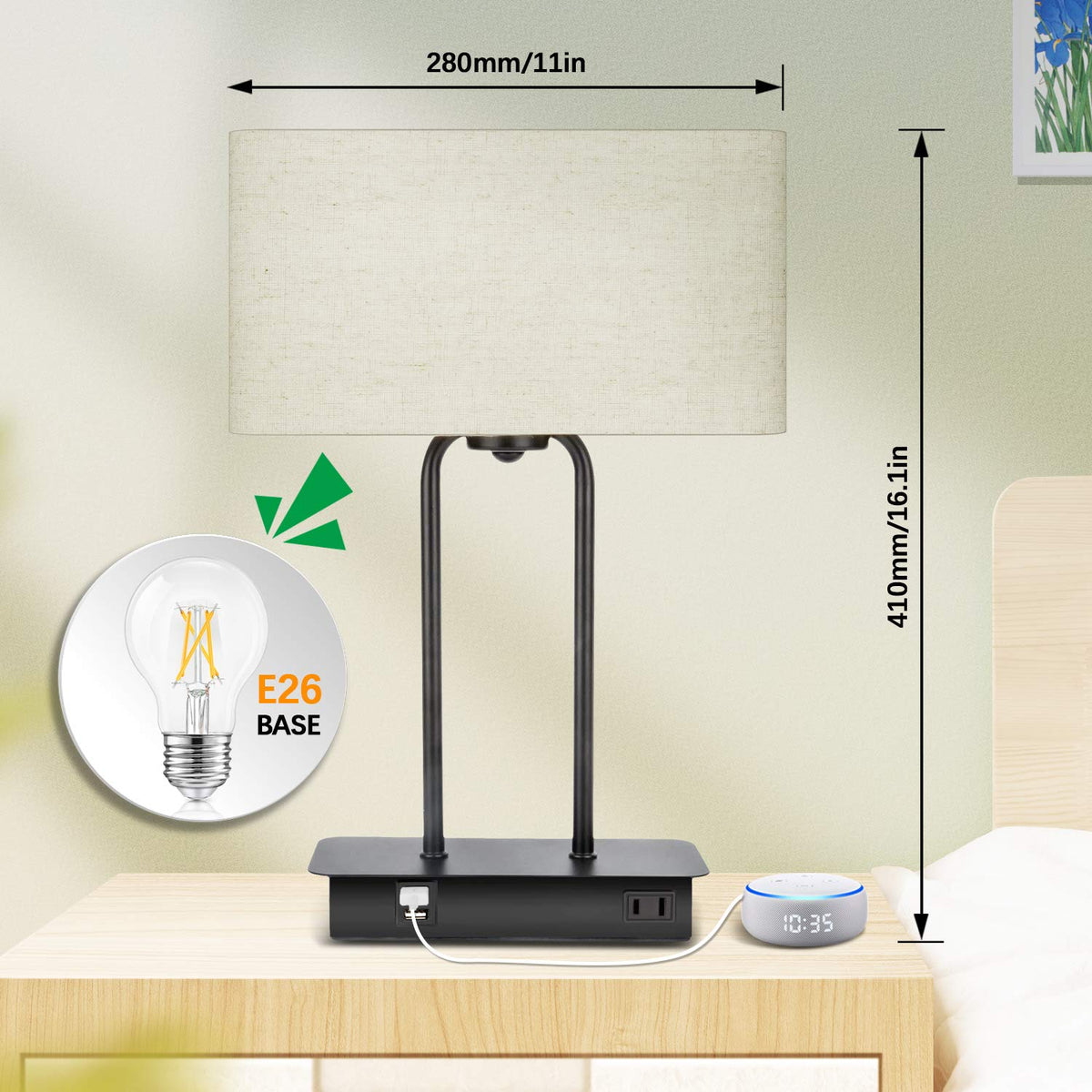 3-Way Dimmable Touch Control Table Lamp with 2 USB Ports and AC Power Outlet Modern Bedside Nightstand Lamp Fabric Shade and Metal Base for Guestroom Bedroom Living Room LED Bulb Included Warm White