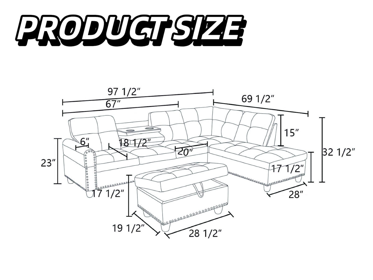 Trygoal L-Shaped Sectional Sofa with Movable Chaise & Storage Ottoman, Leather 3-Piece Modular Convertible Couches for Living Room, Apartment & Office, Black