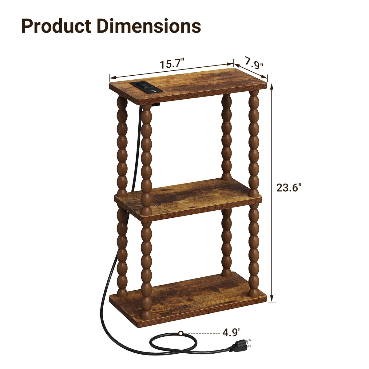 ELYKEN Side Table with Charging Station, Small End Tables Living Room with USB Port and Outlet, 3-Tier Narrow Bedside Table Nightstands for Bedroom, Rustic Brown