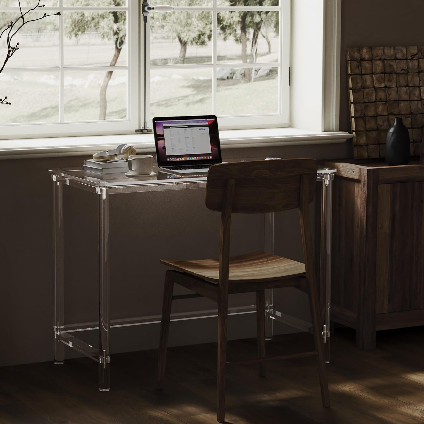 HMYHUM Acrylic Computer Desk, 40 Inch Clear Home Office Desk for Laptop, Study, Writing, Vanity Table with Cylindrical Legs, Modern, Easy Assembly