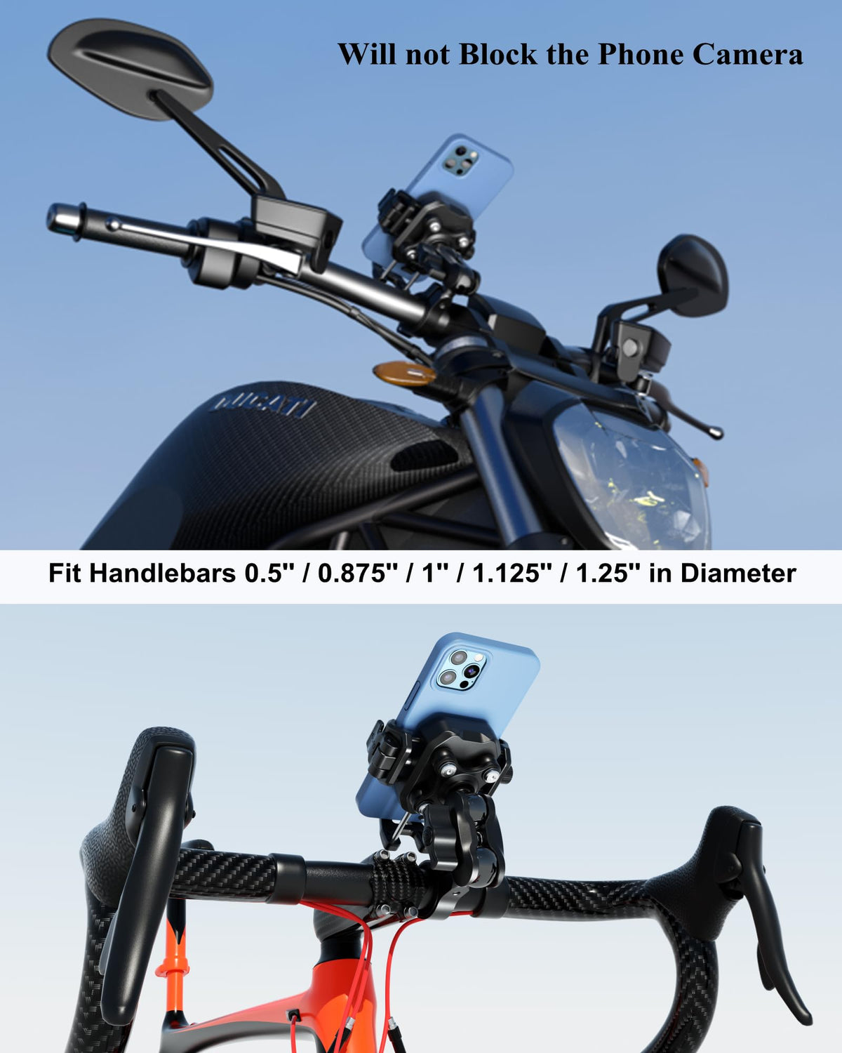 BRCOVAN Anti-Theft Motorcycle Phone Mount with Vibration Dampener, [1s Lock] [Camera Friendly] Handlebar Cellphone Holder for Bike Bicycle Scooter ATV, Adjustable Size Fit 5.4-7.2" Smartphone