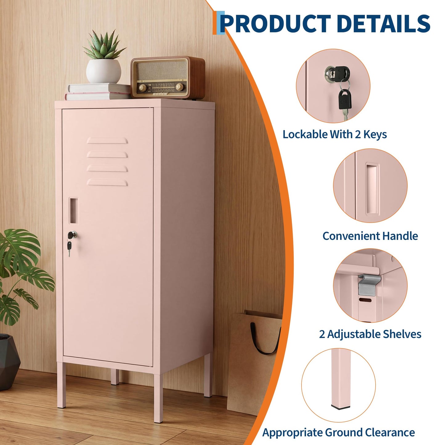 Lockable Metal Locker Cabinet, 39''h Metal Storage Cabinet with Lock, Adjustable Shelf & Ventilation, Steel Locker for Gym, School, Office, Home, Garage Pink