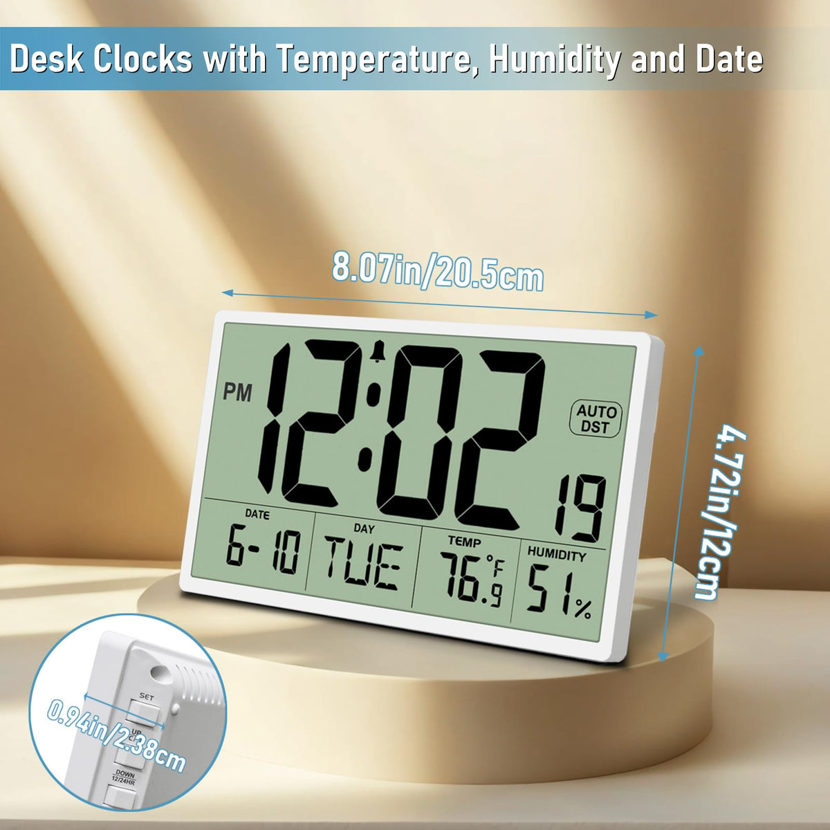 9‘’ Narrow Bezels Battery Operated Digital Wall Clock with Temperature and Humidity - Auto DST, Large 2⅝'' Digits, 5-Level Volume Alarm (3 AA Included) - Wall Mount/Desktop for Office Bedroom Kitchen