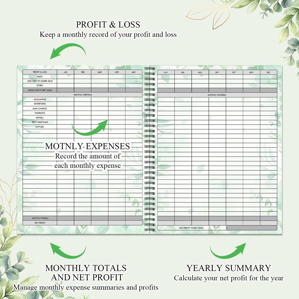 Harloon Income and Expense Log Book Eucalyptus Income and Expense Tracker Small Business Accounting Bookkeeping Ledger Book for Personal Finance Business Account Record Office Supply, 8.7 x 11 Inch