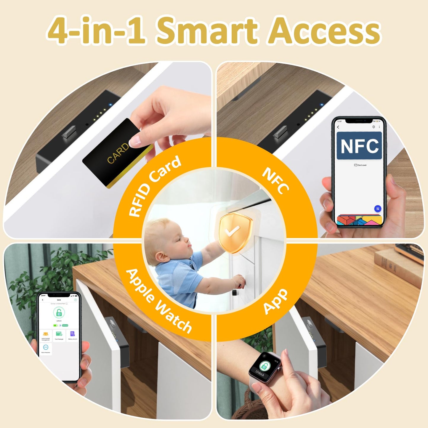 Bestkid Cabinet Lock RFID Card NFC Hidden Drawer Lock for Kitchen Pantry Furniture Smart Cupboard Door with Bluetooth APP Child Safety No Drilling Required Black