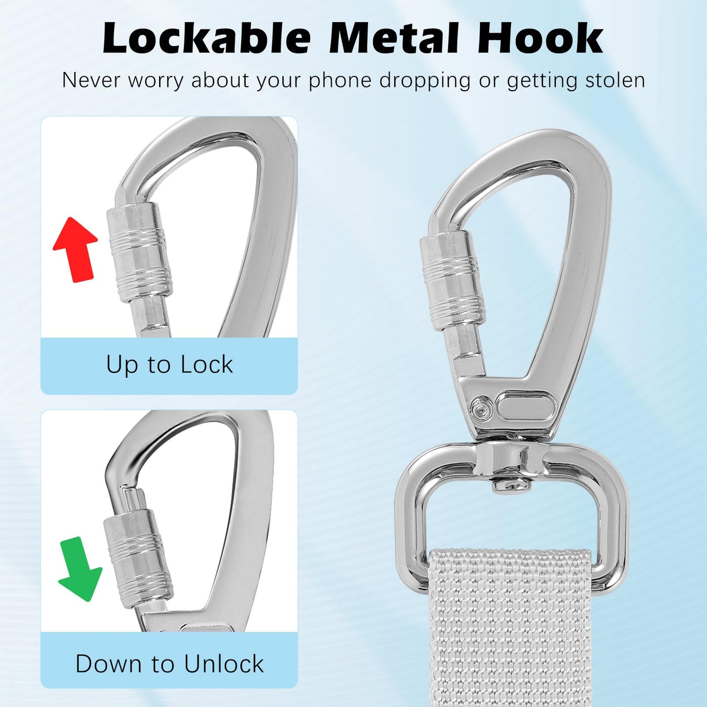 MoKo Anti-theft Phone Tether, Universal Phone Lanyard Retractable Steel Line Cellphone Strap with Locking Carabiner and Metal 360° Tether Tab for Outdoor Hiking Climbing Fishing, Transparent & Silver