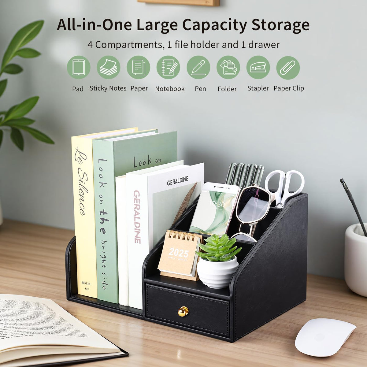 GORESE PU Leather Desk Organizer, File Organizer with Drawer and 4 Compartments, Desktop Organization with Magazine file Holder for Office Supplies, Elegant Gift for Men Who Have Everything, Black