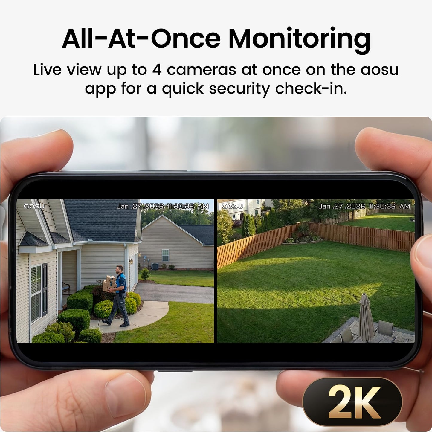 aosu Solar Security Cameras Wireless Outdoor Home System, True 2K HD, Cross-Camera Tracking, PIR + AI Human Detection, Color Night Vision, Local Storage, No Subscription Required, 2-Cam-Kit