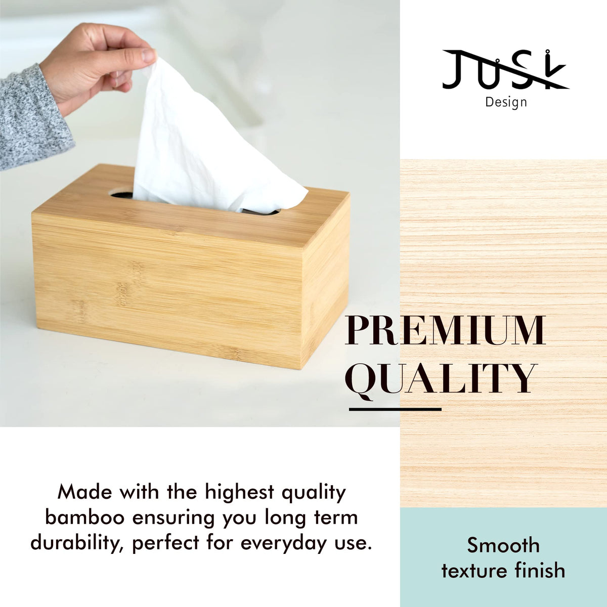 JUSK Design Tissue Box Holder - Modern, Minimalist, and Durable Wooden Tissue Box with Sliding Bottom, Easy-Refill - Premium-Quality Bamboo Tissue Box Cover, Fits 184-Count Box, Rectangular, Pack of 2