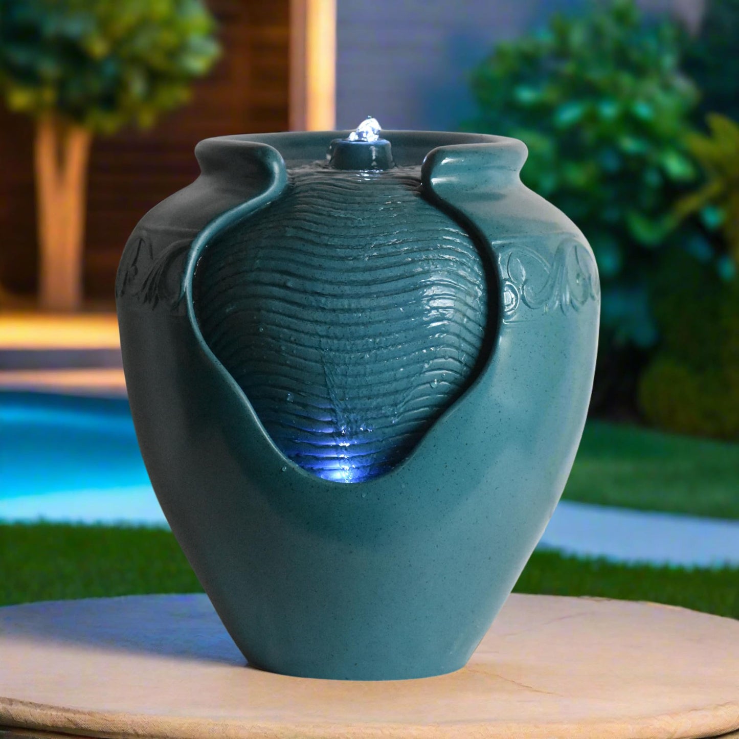 Teamson Home Floor Glazed Pot Water Fountain with Built-in LED Light and Pump for Outdoor Indoor Patio Garden Backyard Decking Home Décor, 17 inch Height, Teal