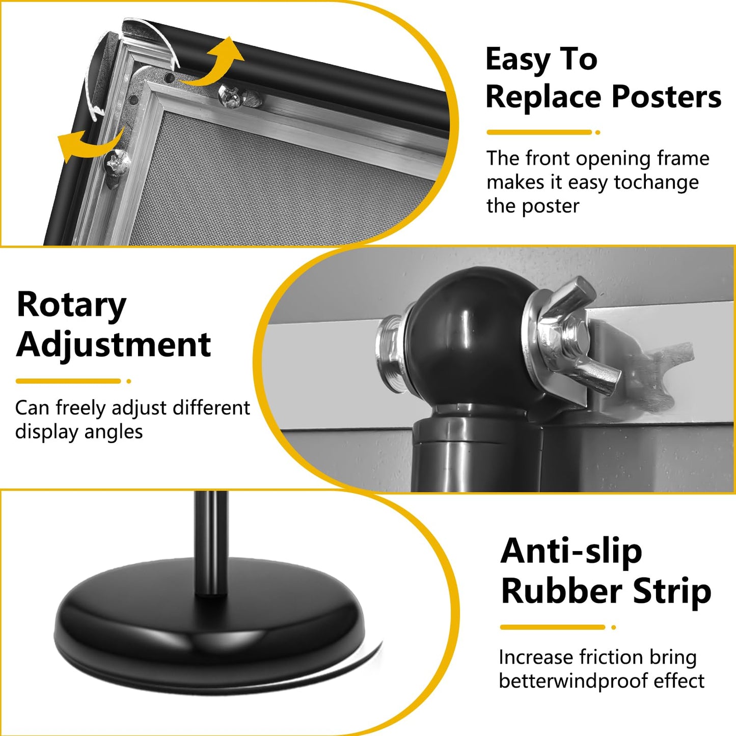 2 Pack Sign Holder Stand 8.5x11 Inch, Adjustable Sign Stand, Floor Standing Sign Holder, Snap-Open Frame Display, 360° Rotation Outdoor Indoor Poster or chalk board Display for advertising,Malls,Black
