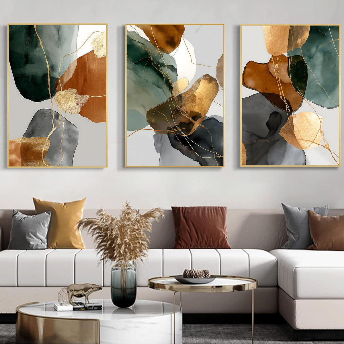 Green Gray Brown White Abstract Wall Art Minimalist Modern Geometric Painting Green Grey Marble Wall Art Contemporary Modern Picture Brown Gold Abstract Marble Print for Living Room 16x24inx3 No Frame