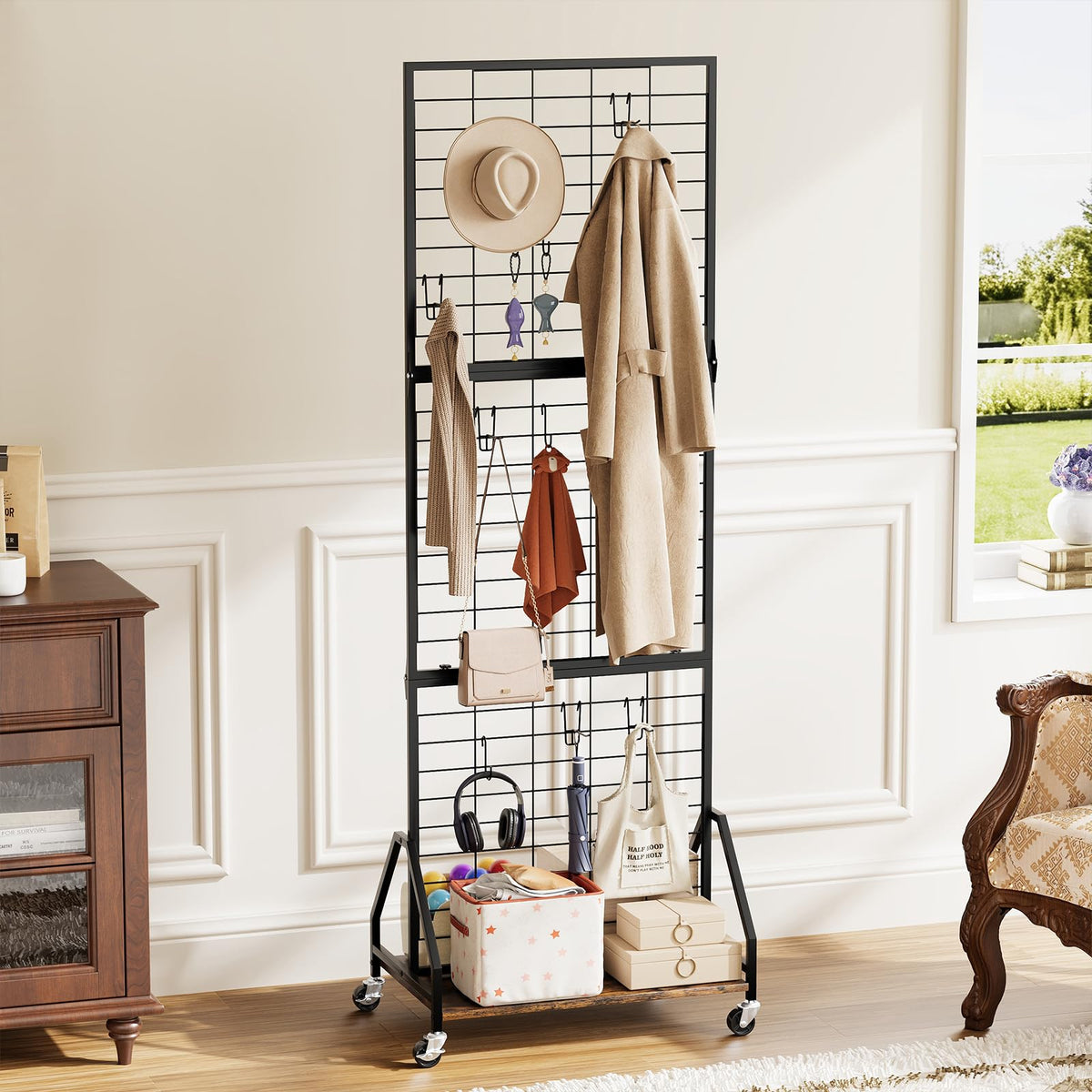 ELYKEN Foldable Grid Wall Panels 5.5' x 2' FT, Movable Wire Gridwall Display Rack with Wheels and Adjustable Foots, Retail Display Stand for Vendor with Storage (Rustic Brown)