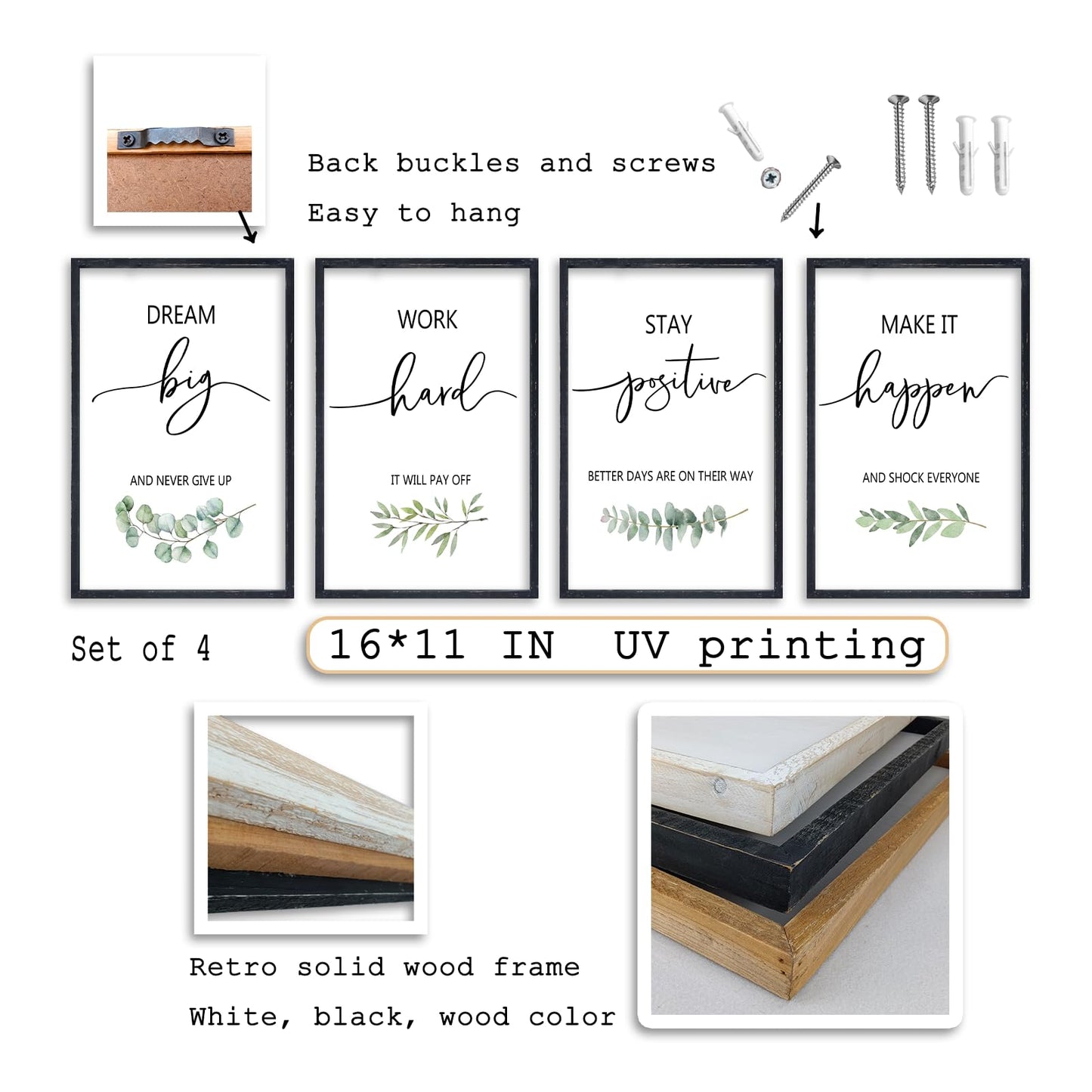 Set of 4 Inspirational Quotes Wall Art 16x11 Inch Encouraging Office Wooden Framed Positive Affirmations Home Family Decor Sign Motivational Plaque Wall Hanging Decoration (Black)