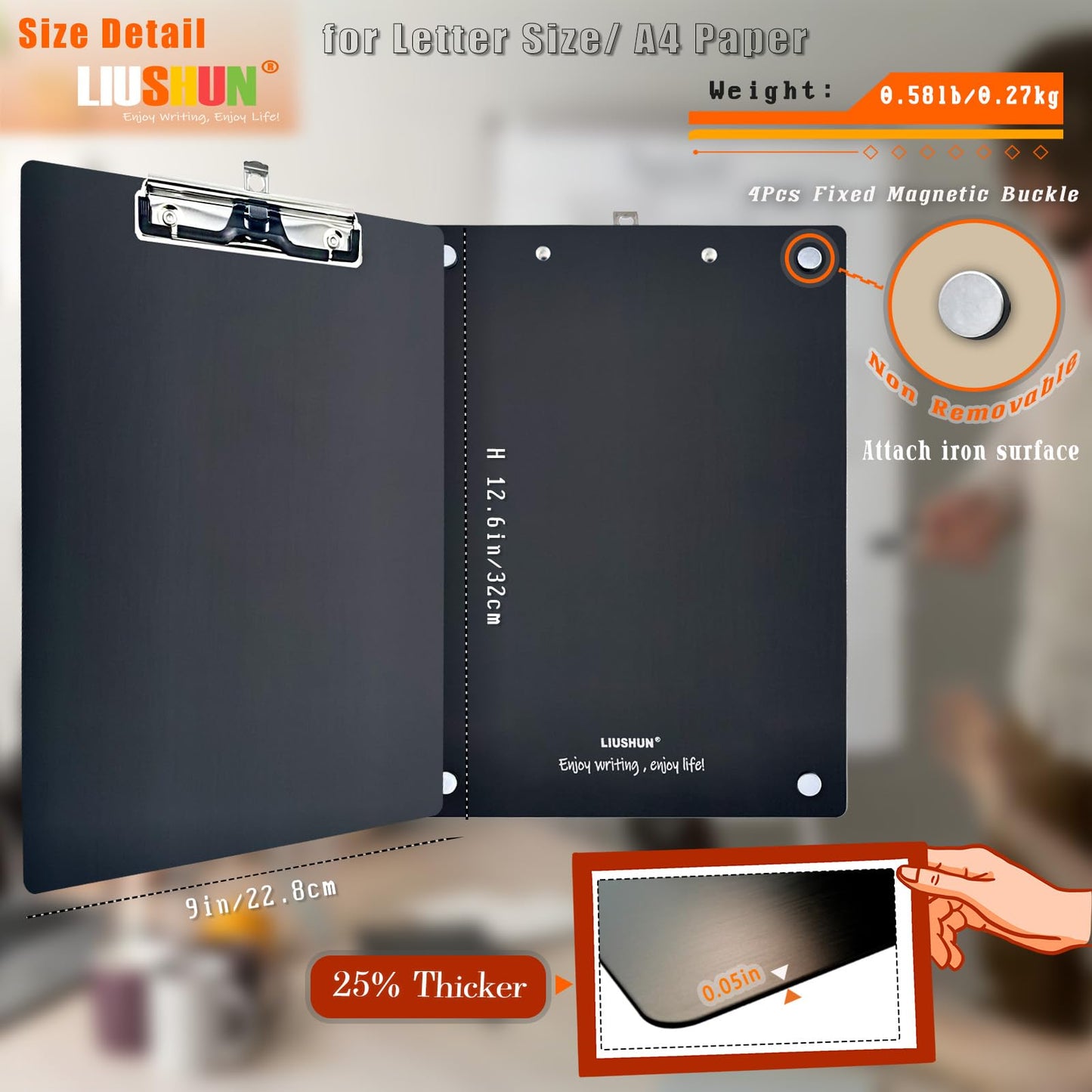 Aluminum Magnetic Clipboard A4 Metal Strong Fixed Magnet Message Clip Board Stainless Hangable w/Pen Holder Letter 9" x 12.6" for School Office Forklift Factory Workshops Supplies (Black)