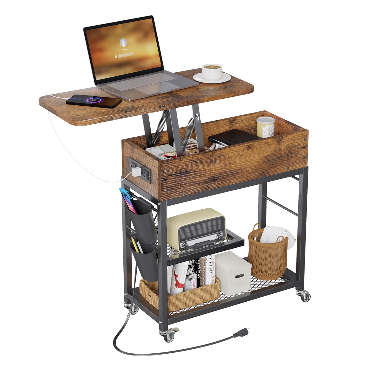 Colima Lift Top End Table with Charging Station and Wheels, Sofa Side Table with USB Port & AC Outlets, Movable Bedside Nightstand with Side Bag for Office Living Room Bedroom(Rustic Wood)