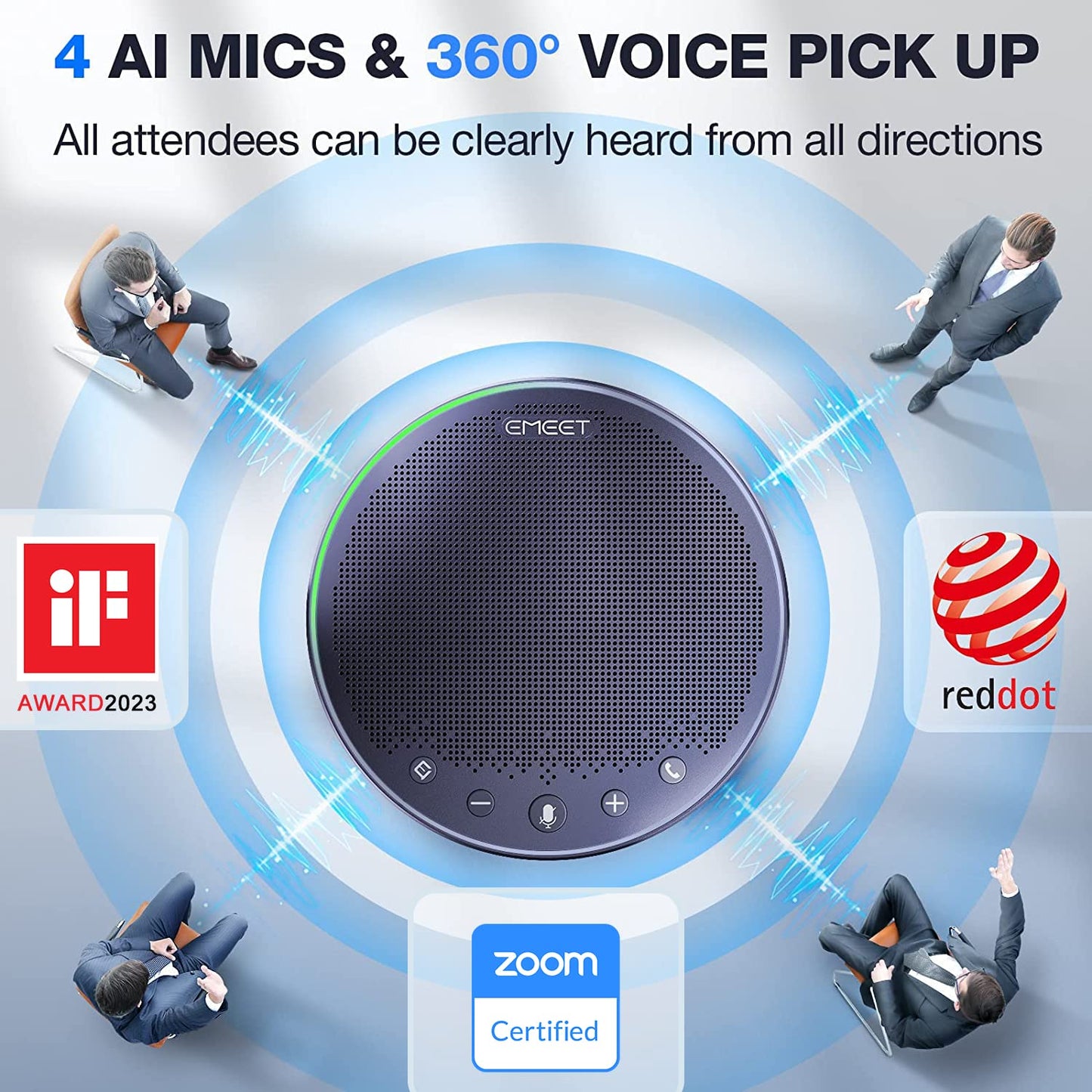 EMEET M3 Conference Speaker and Microphone, Zoom Certified Bluetooth Speakerphone with 4 AI Mics 360° Voice Pickup, 18H Talk Time, USB 2.0&Bluetooth 5.0 with Daisy Chain for 20 People for Zoom Teams