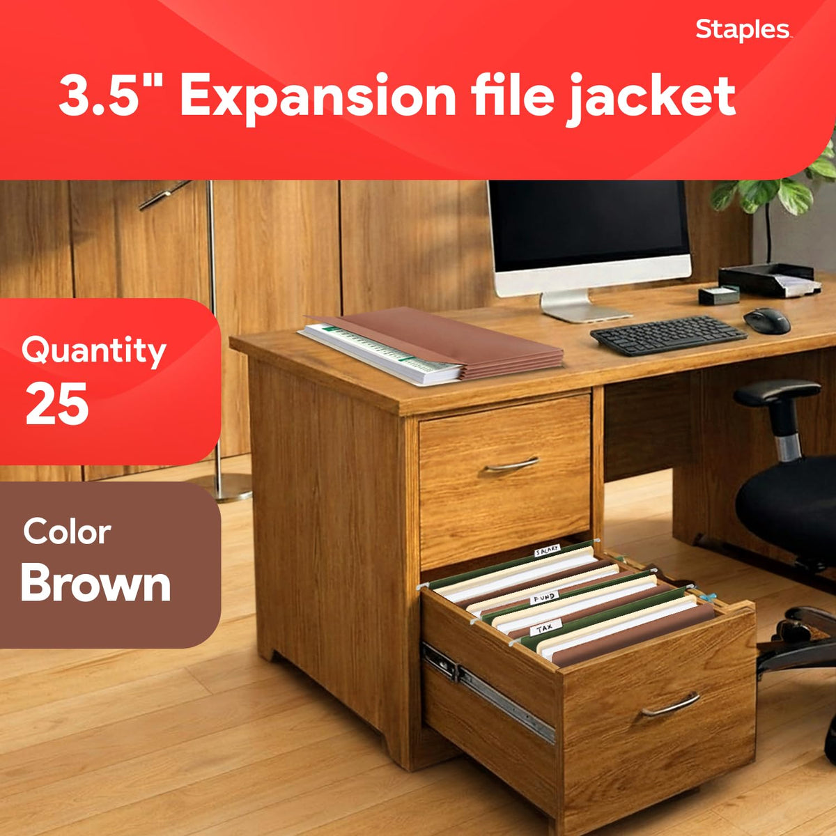 Staples Reinforced Expanding File Pockets, Legal Size, 3.5‑Inch Expansion, Heavy‑Duty Brown Accordion Folders – 25/Pack