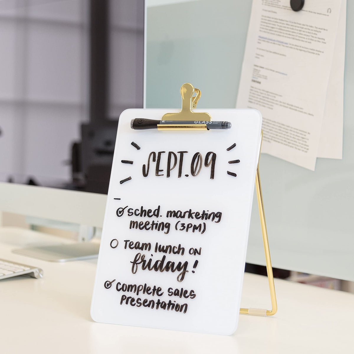 U Brands Glass Dry-Erase Desktop Easel, Tempered Glass, Gold Metal Stand, Removable Clip