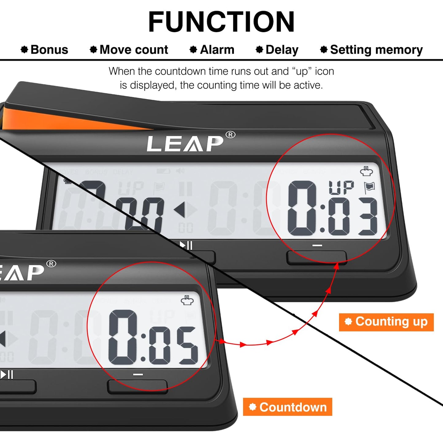 LEAP Chess Clock Digital Chess Timer Advanced for Board Game and Chess Timer with Bonus & Delay Count Down up Alarm Black/Orange