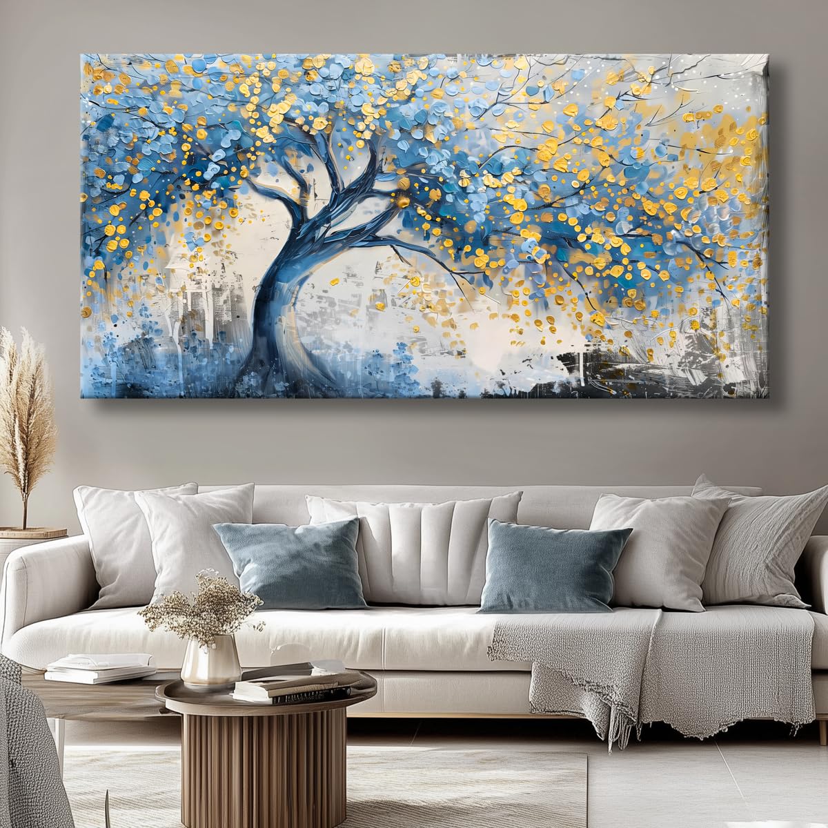 Wall Art Tree of blue Life Abstract Canvas Painting Textured Picture, Modern Landscape Artwork Framed for Living Room Bedroom Bathroom Office Home Decor 40x20in
