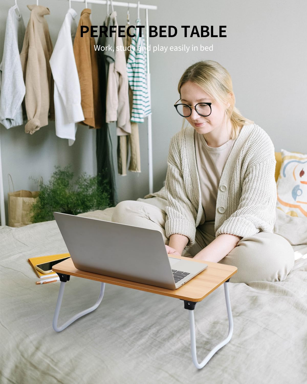 Ruxury Foldable Lap Desk Laptop Stand Bed Desk Table Tray, Breakfast Serving Tray, Portable & Lightweight Mini Table, Lap Tablet Desk for Sofa Couch Floor - Wood