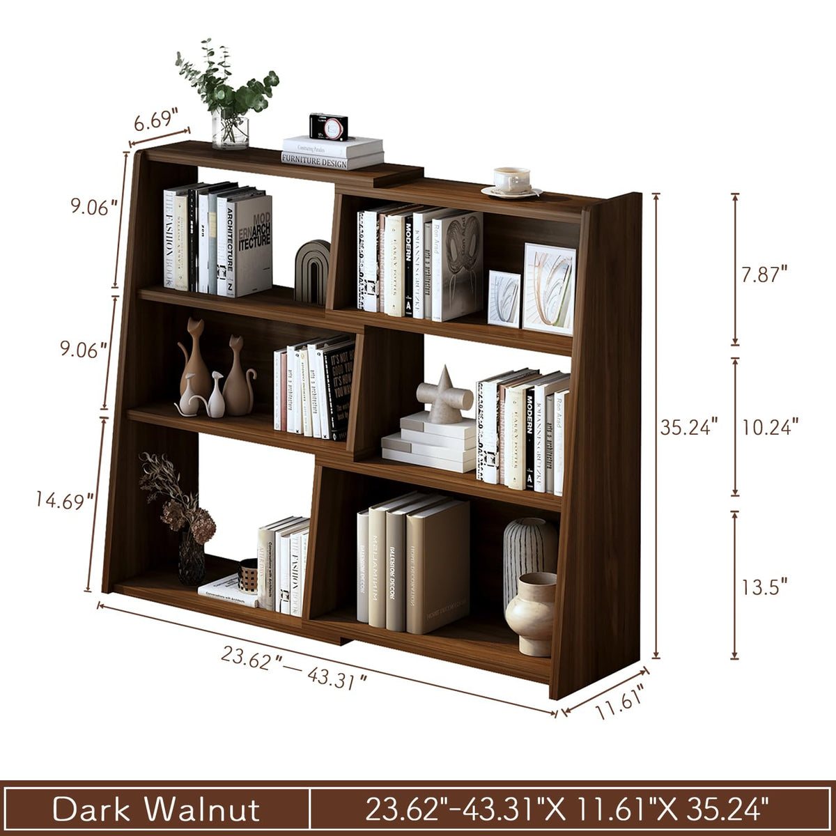 IOTXY Wooden Extendable Shelf Bookcase - 3-Tier Ladder Low Short Bookshelf for Small Space or Corner, Dark Walnut, S