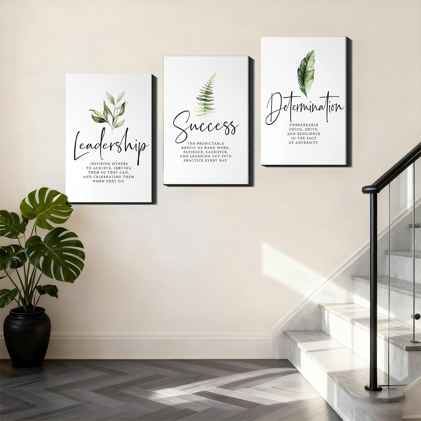 Set of 3 Framed Canvas Art - Motivational Office Wall Decor, Leadership/Success Quotes with Leaves, Inspirational Prints for Bedroom, Framed Positive Vibe Wall Art