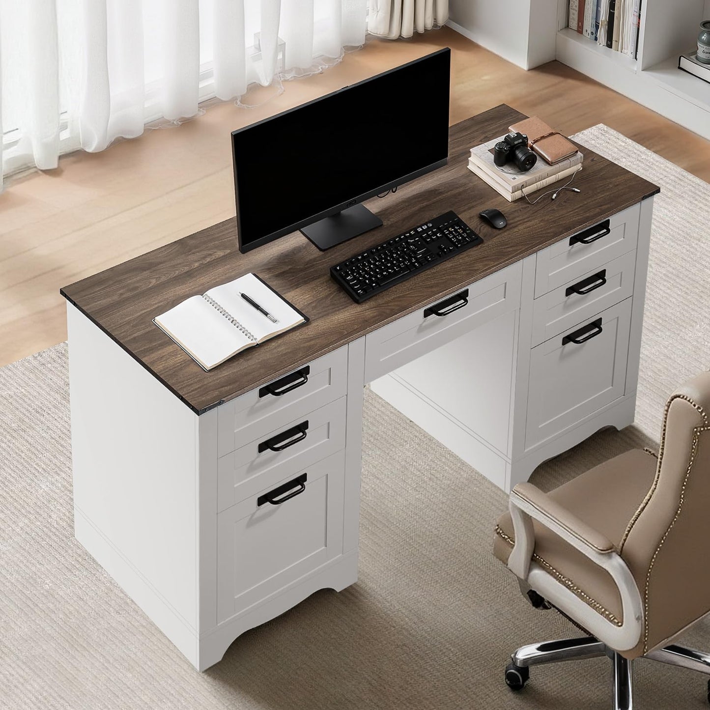 VEVOR 60" Executive Desk with Drawers, Farmhouse Home Office Desk with Charge Station, Keyboard Tray, File Storage Cabinet, 200 LBS Load Capacity Wood Table, Easy Assembly, for Work Study, Walnut