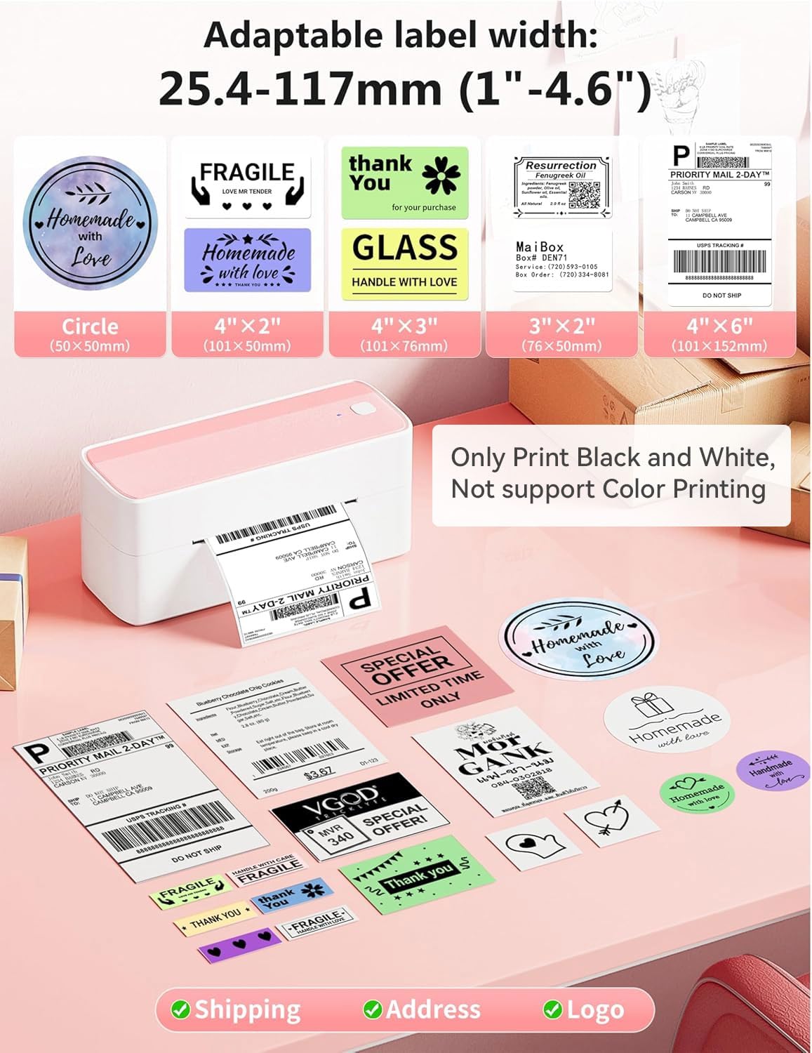 Phomemo Bluetooth Thermal Label Printer, 241BT 4X6 Wireless Shipping Label Printer for Small Business, Pink Labels Printers for Shipping Package, Compatible with iPhone, Android, Shopify, Amazon, USPS