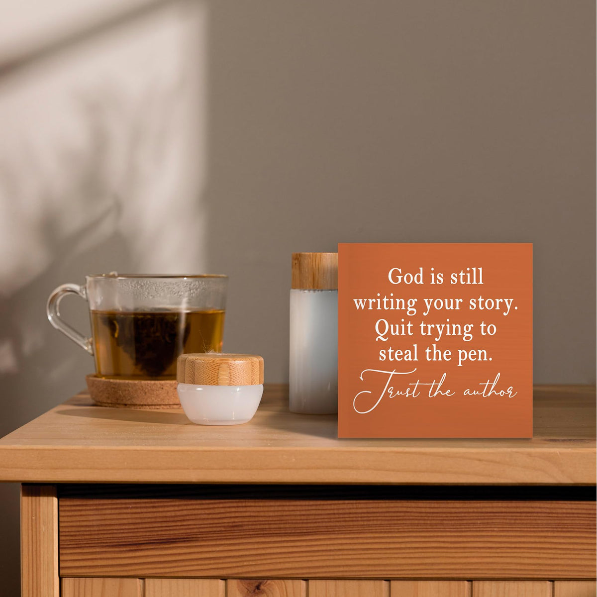 Luipk God Is Still Writing Your Story Orange Wood Box Sign Desk Decor 5X5, Christian Scripture Bible Verse Prayer Room Block Sign Decorations for Home Office Wall Tabletop Shelf Decor