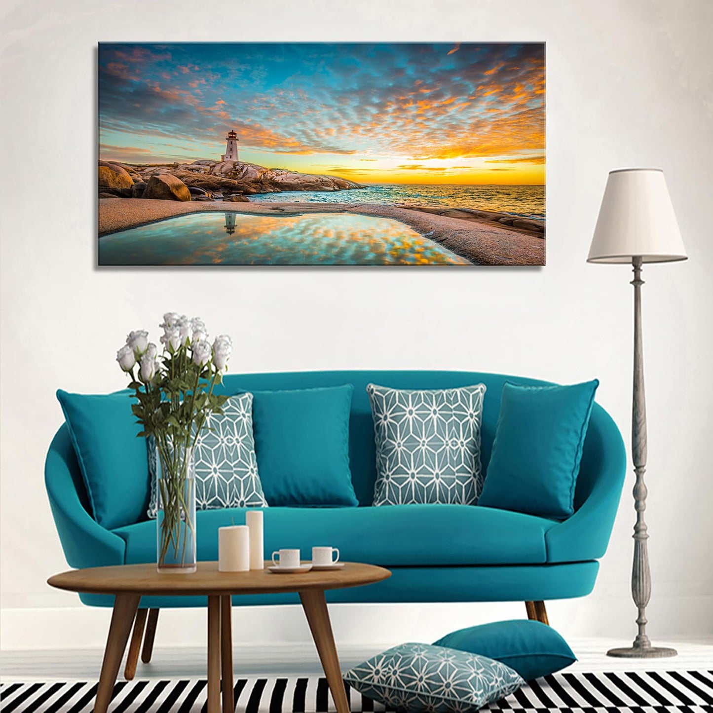 YYYYHPP YP1862 Canvas Prints Wall Art Peggy's Cove Lighthouse Sunset Ocean View Landscape Nature Pictures Stretched Canvas Wooden Framed for Living Room Bedroom and Office Wall Decor