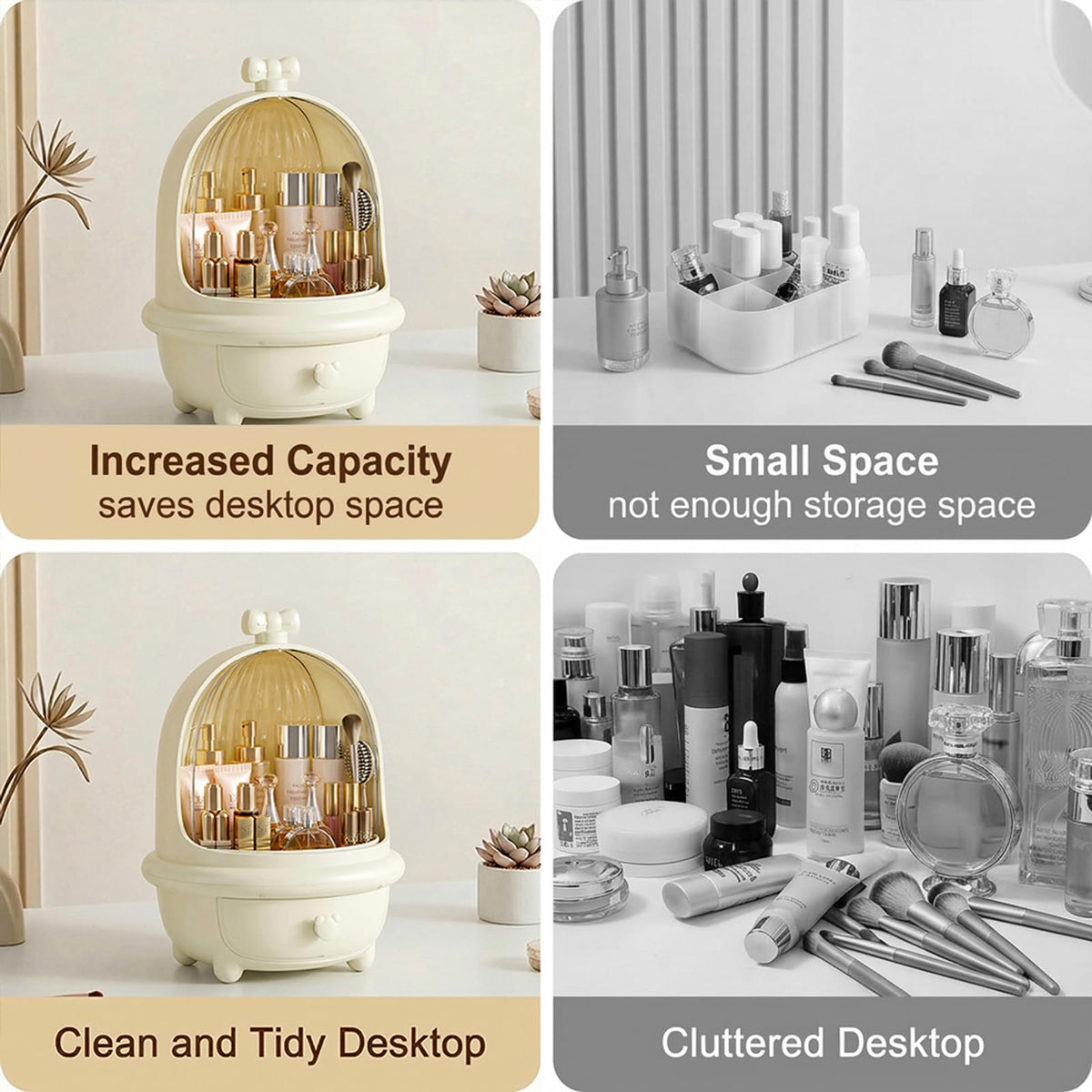 TIMBERHIDE 360° Rotating Cosmetic Storage Box,Cute Fashion Makeup Organizer with Drawer,Dustproof Skincare Display Case for Vanity Countertop Bathroom,Ideal Gift for Women（Cream）