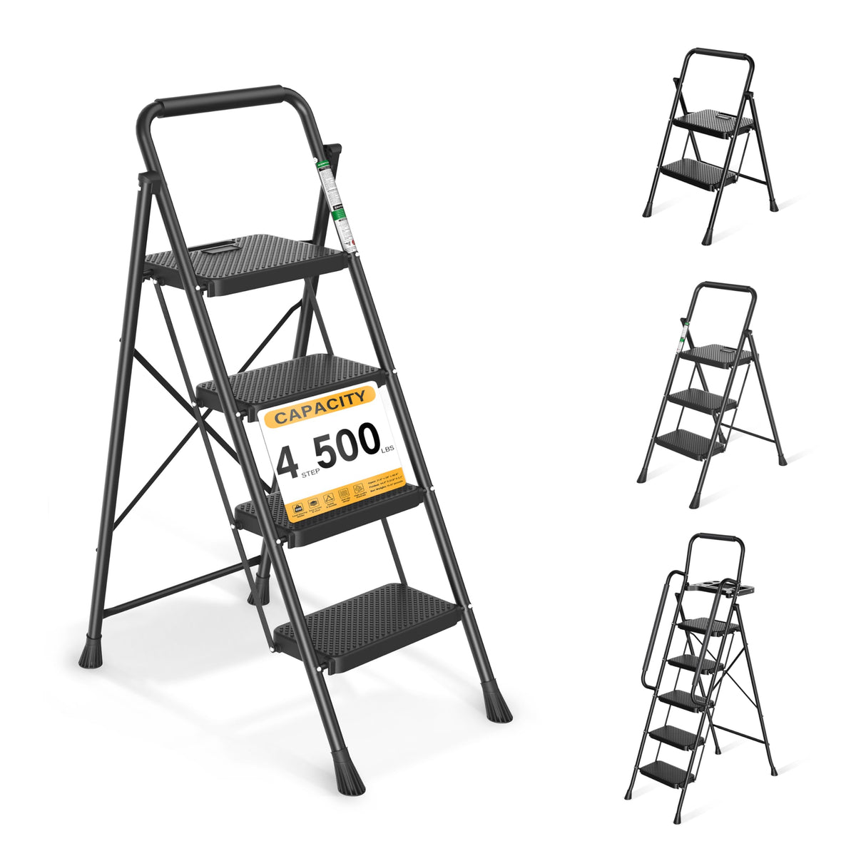 Arbusb Step Ladder, Folding Step Stool with Wide Anti-Slip Pedals, Sturdy Steel Ladder with Handrail, Space-Saving, Portable for Home & Adults, 4 Step Ladder
