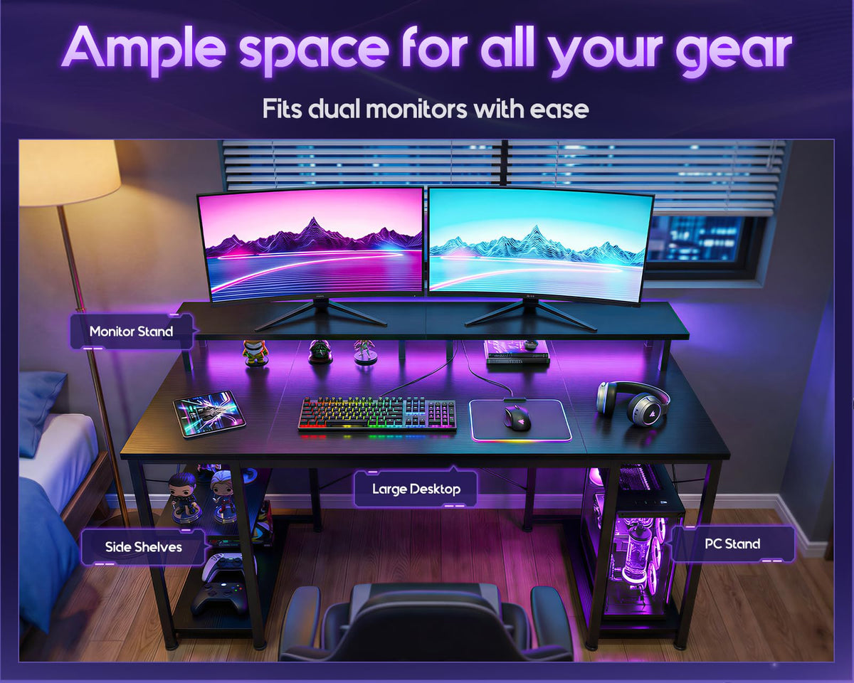 ODK 48 inch Gaming Desk with LED Lights, Computer Desk with Monitor Stand & Storage Shelves, CPU Stand, Home Office Desk, Black