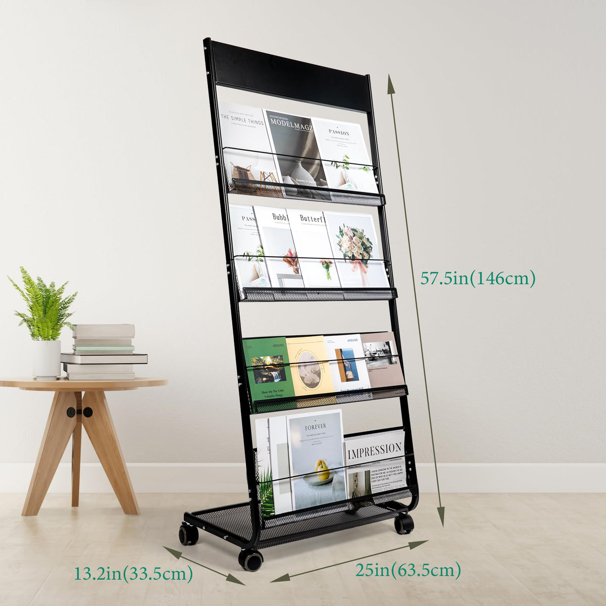 KIZECK Floor Magazine Rack Brochure Display Stand 4-Layer With Wheels And Top Billboard, Newspaper Magazine Holder High-Hardness For Office Exhibitions, Black (57.5''*25''*13.2'')