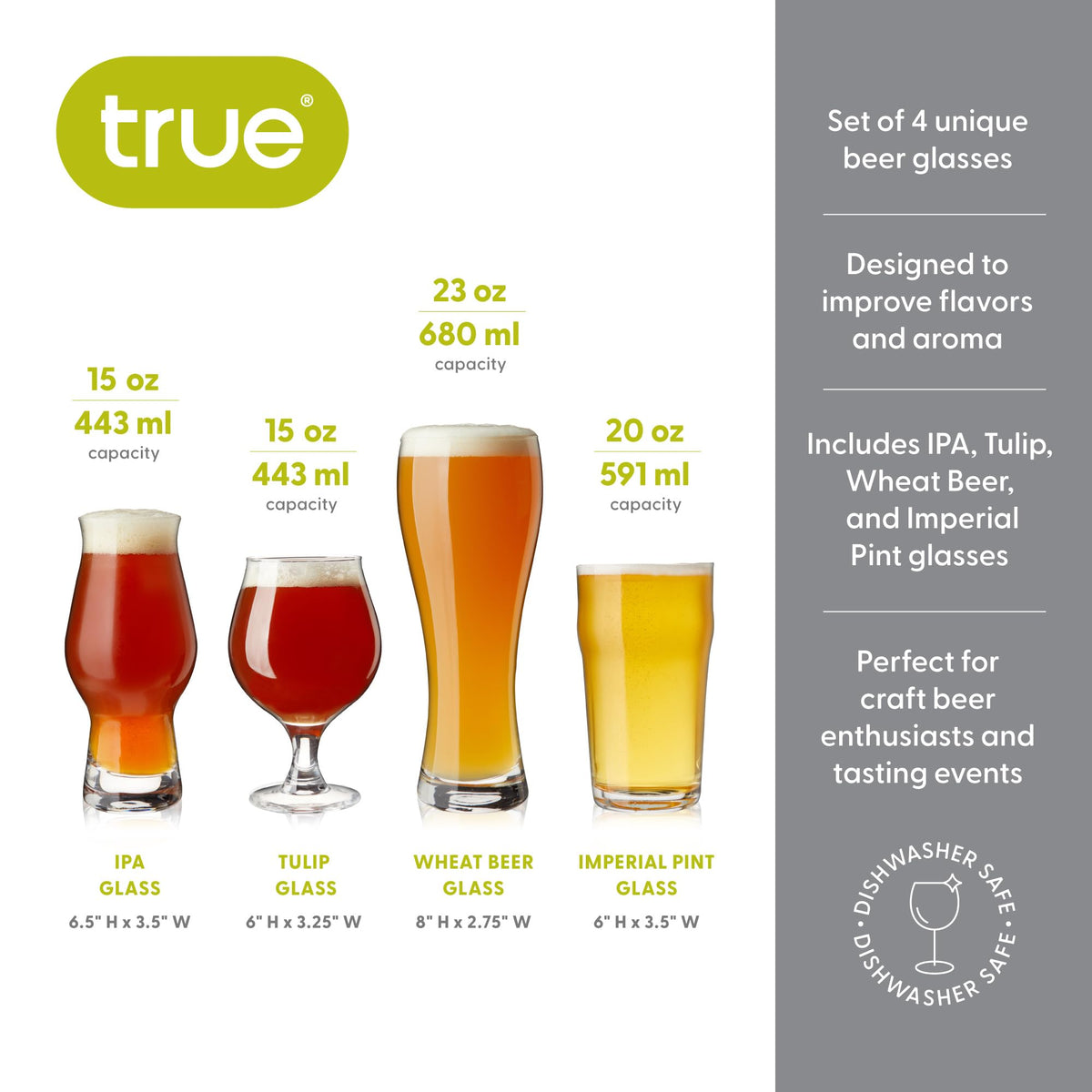 True Beer Glasses Gift Set, Durable Clear Tasting Kit for IPA, Belgian Ales, Wheat Beers, Stouts, Porters, Perfect for Beer Lovers, Home Bar, Birthday Gifts for Men, Set of 4