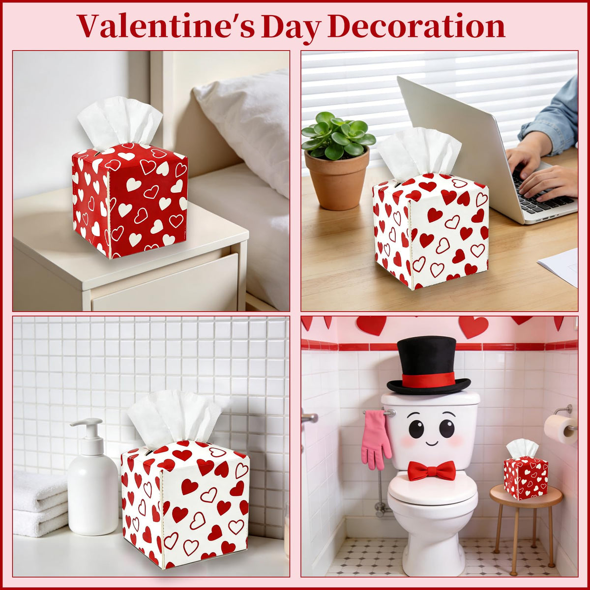 2 Pieces Valentine's Day Tissue Box Covers Red Heart PU Leather Tissue Box Cover Square Tissue Box Cover Holder for Home Bathroom Bedroom Office Table
