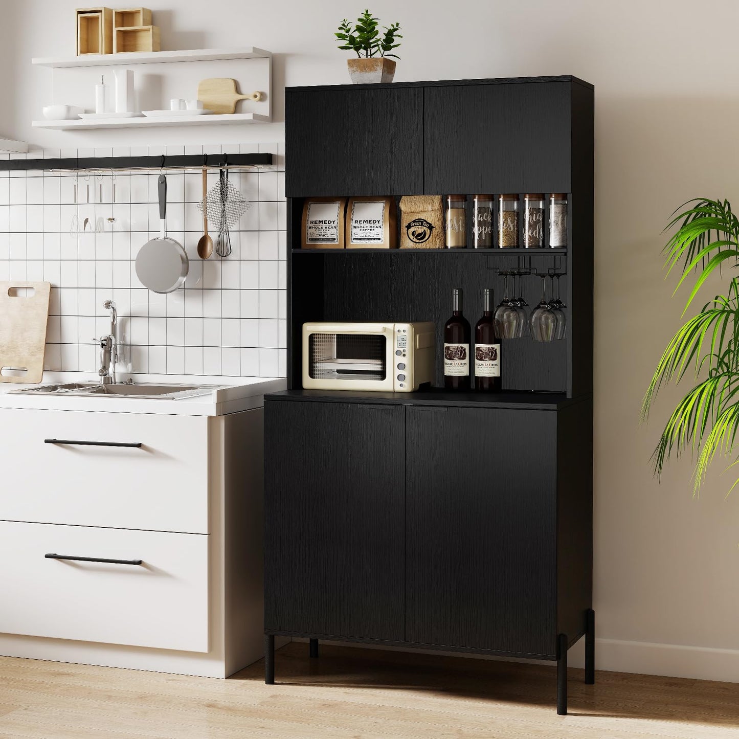 Giantex 64.5" Kitchen Pantry Cabinet with Charging Station, Tall Buffet Hutch with Storage Cabinets, Adjustable Shelf, Wine Racks, Modern Sideboard for Dining Room, Living Room, Coffee Bar, Black