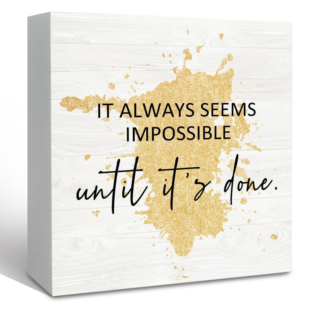 KFXHANGD Office Gold Wooden Box Sign Desk Inspiring Quotes It Always Seems Impossible Until It's Done Office Motivational Decorative Signs for Office, Inspirational Home Shelf Desk Decor 5x5 Inch
