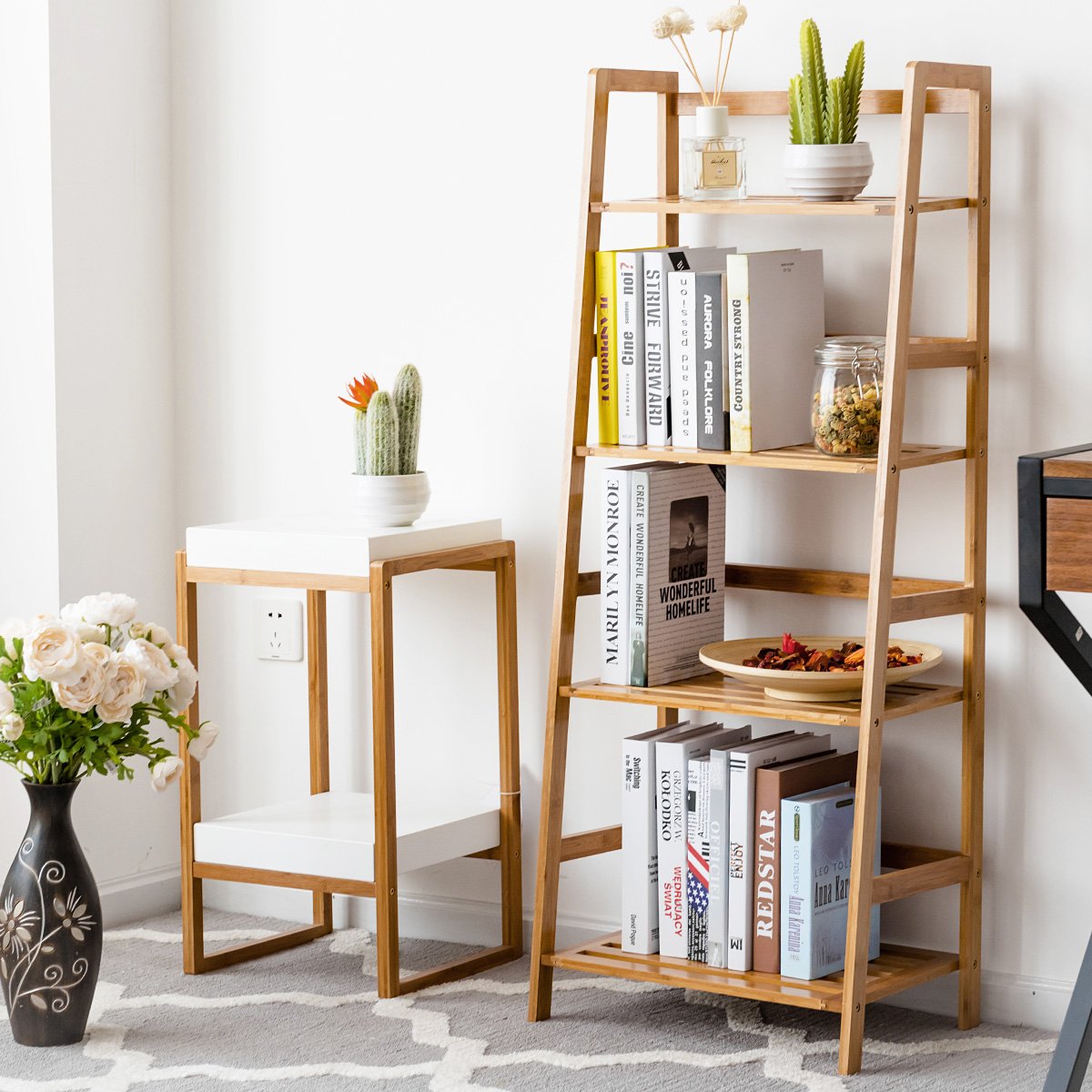 COSTWAY 47.5'' Bamboo Ladder Shelf, Multifunctional Plant Flower Display Stand, Storage Rack, Bookcase Bookshelf Natural (4 Tier)